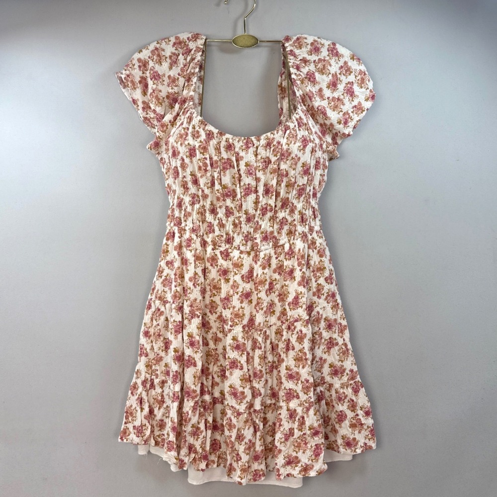 Liberty Love Floral Eyelet Mini Dress Pink Smocked Puff Sleeve Cottagecore L